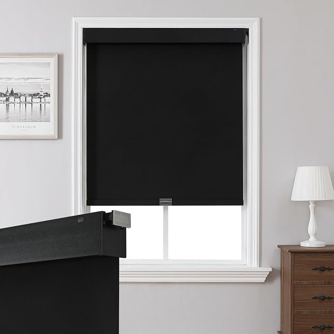 Joydeco No Drill Blackout Shades, Free-Stop Cordless Roller Shades, UV Protection, Thermal Insulated Blinds for Indoor Windows, Easy Install Window Blinds for Home and Office (Black, 34" W X 75" H)