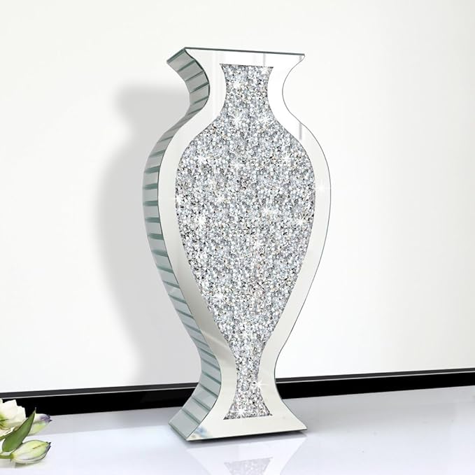Allartonly Tall Floor Vase S Crushed Diamond Mirrored Vase 27” Tall, Crystal Silver Glass Decorative Mirror Large Vase Luxury for Home Decor Flower Arrangement Can’t Hold Water.
