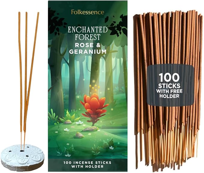 Folkulture Incense Sticks with Holder (100 Sticks)| Rose & Geranium Incents Stick for Aromatherapy, Relaxation | No Charcoal,Organic,Non Toxic, 45 Mins, Slow Burning Insence-Sticks - Forest Inspired