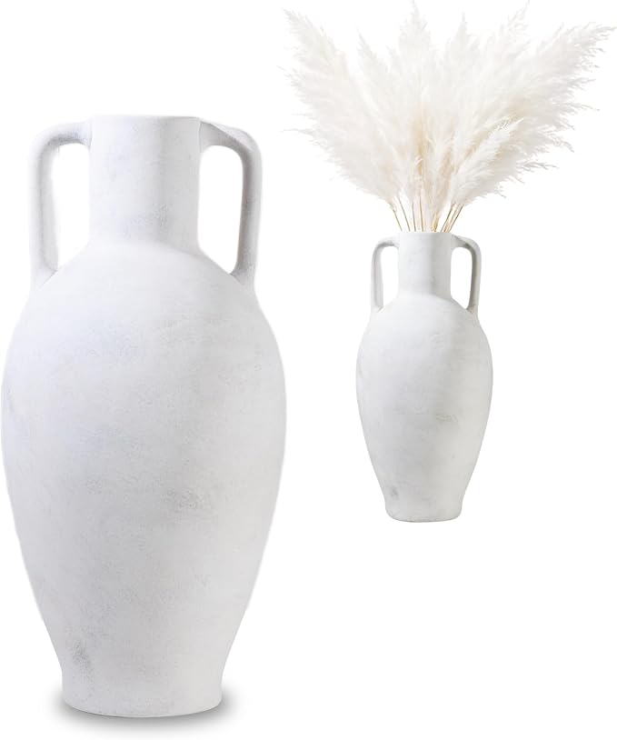 UPWOIGH 20.5in Ceramic Floor Vase with Handles | Hand-Painted Glaze Craft, Pure White Finish, Light Black Speckled Accents, Rustic Farmhouse Décor, Gift 1 Pack