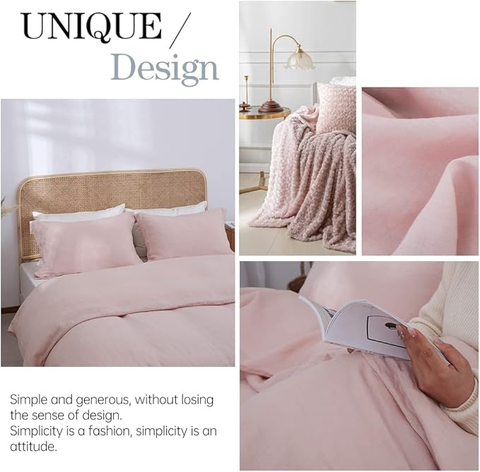 Simple&Opulence 100% Linen Duvet Cover Set 3pcs Basic Style Natural French Washed Flax Solid Color Soft Breathable Farmhouse Bedding with Button Closure - Blush Pink, King