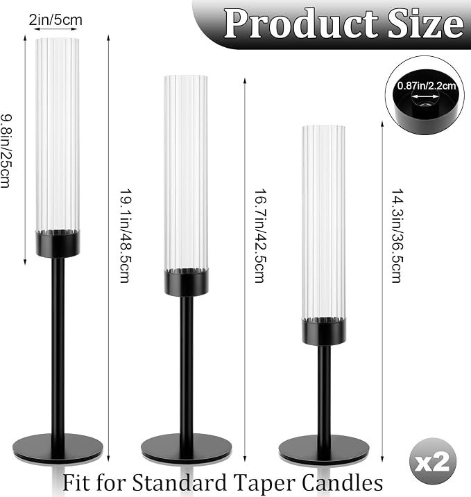 Black Hurricane Candle Holders, Set of 6 Glass Taper Candlestick Holders Metal Candle Stands Bulk with Ribbed Glass Cover for Dining Tables Wedding Candelabra Centerpieces Decor