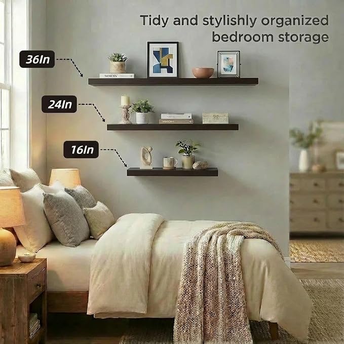 SAUMONIERES Floating Shelves Wall Shelf Solid Wood for Bathroom Bedroom Kitchen Set of 3, Espresso Wall Shelves