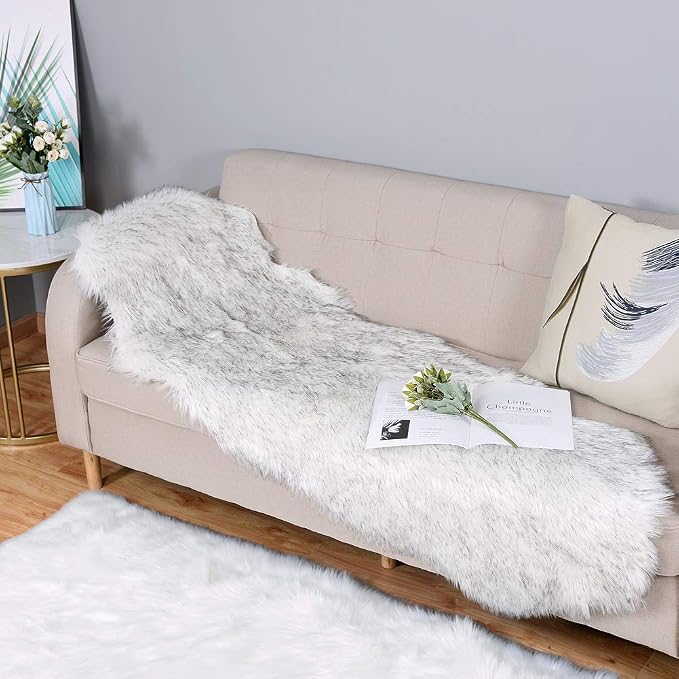 Carvapet Luxury Faux Sheepskin Runner Rug - Soft Plush Fur Couch Seat Pad Skid-Resistant Fluffy Area Floor Carpet for Bedside Entryway Bench Black White 2x6 Feet