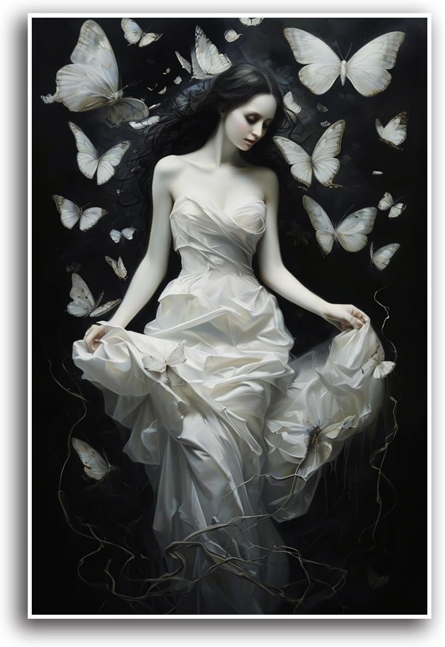 JFHCQJPK Vintage Gothic Feminine Canvas Wall Art Print Butterfly Poster Moody Preppy Wall Art Dark College Decor for Home Bedroom24x36in Frameless