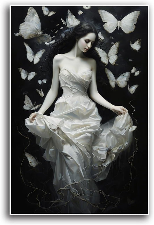 JFHCQJPK Vintage Gothic Feminine Canvas Wall Art Print Butterfly Poster Moody Preppy Wall Art Dark College Decor for Home Bedroom32x48in Frameless