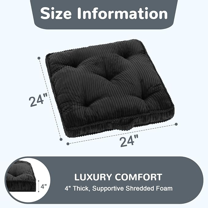 Meditation Floor Cushion, 24x24 Tufted Floor Cushion for Adults, Square Large Meditation Cushion Pillow, Corduroy Sitting with Handle, Yoga Seating for Tatami, Dark Grey, 1Pack