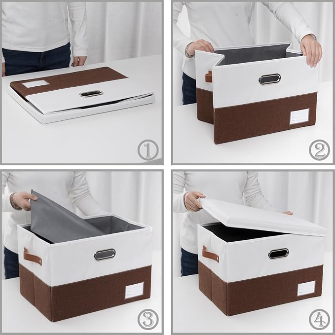 PRANDOM Foldable Storage Bins with Lids [3-Pack] Fabric Collapsible Storage Boxes Baskets Cubes Containers with Handles for Closet Living Room Bedroom (Brown & White 17.7x11.8x11.8'')