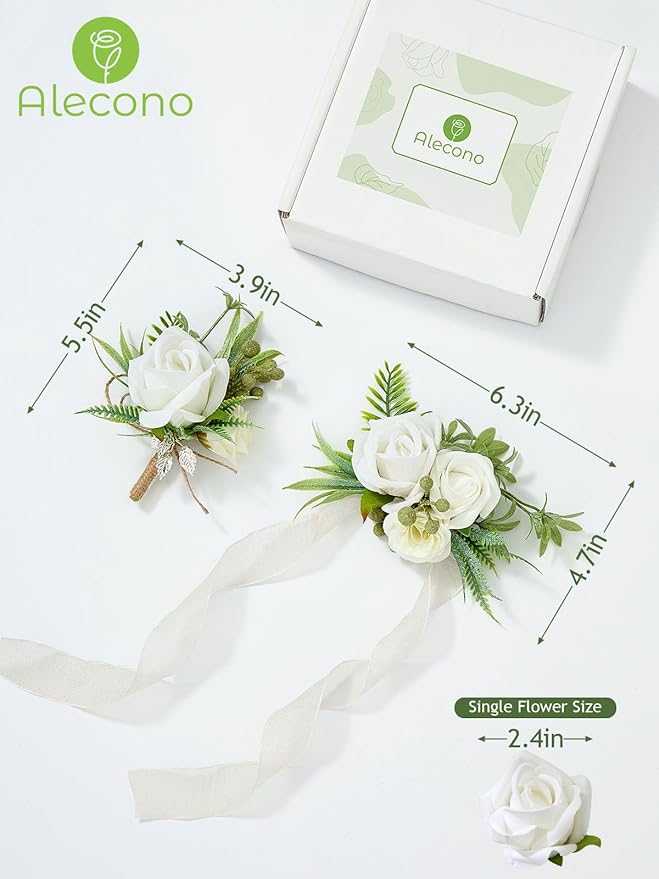 Alecono White Corsage and Boutonniere Set, Rose Bride Wrist Corsage and Groom Boutonniere for Wedding Prom Flower Accessories Suit Decorations