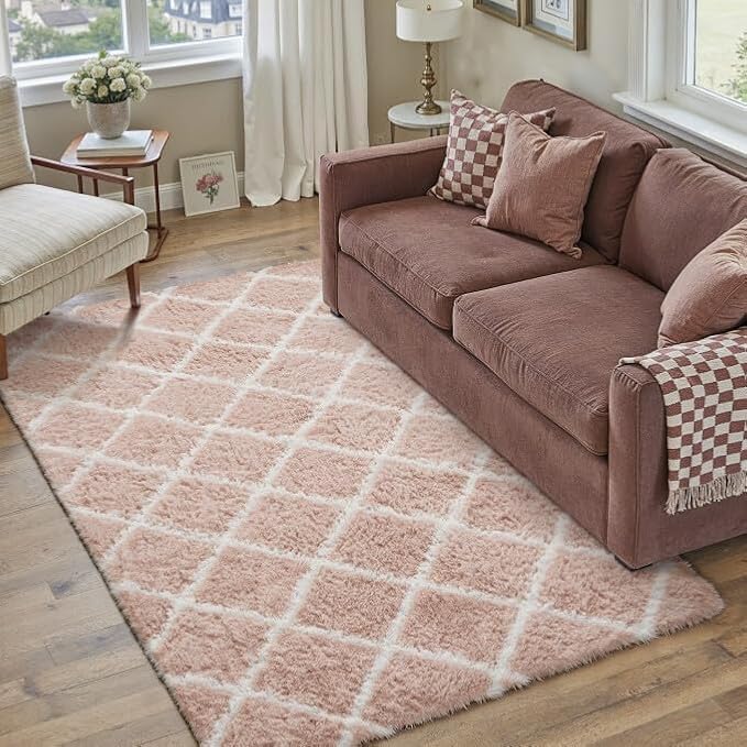 PureCozy 5x8 Checkered Rug for Bedroom Pink and White Modern Soft Area Rug Fluffy Non-Slip Carpet for Living Room Playroom Home Aesthetic Decor