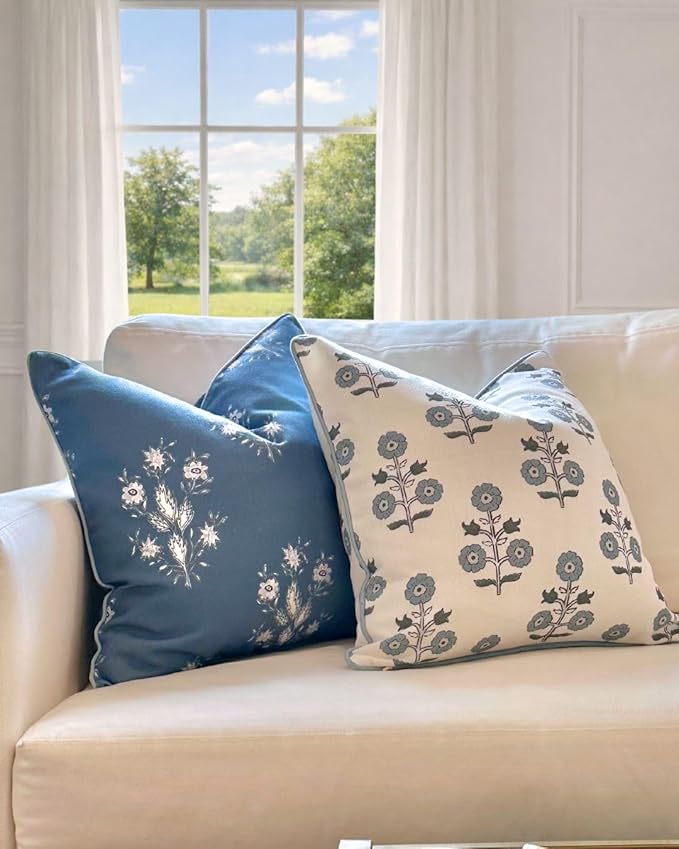 Jillien Harbor “The Norfolk” Dark Blue & White Floral Block Print Pillow Cover – Dark Blue Decorative Throw Pillow Cover – Grandmillennial Home Decor, 20" x 20"