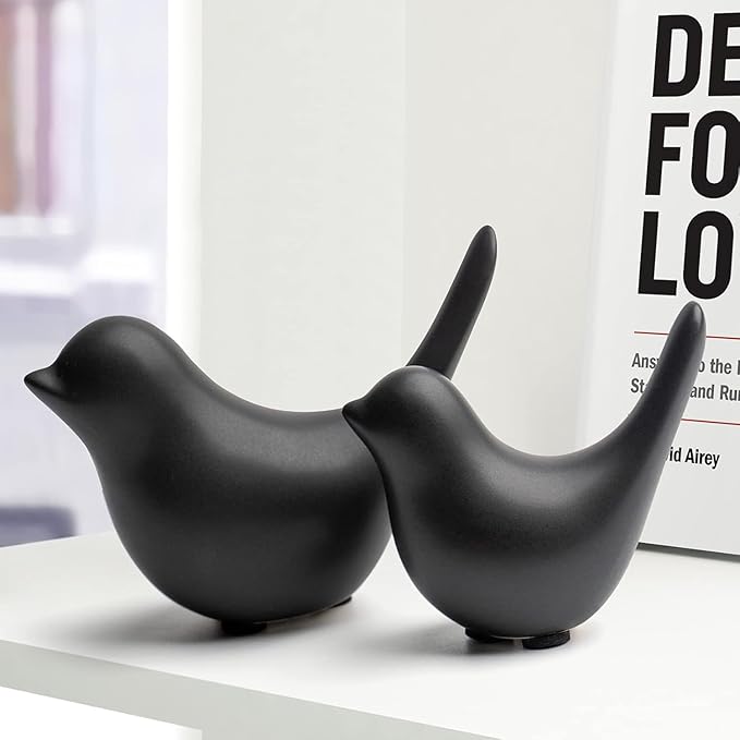 2 Pcs Ceramic Small Bird Figurines Modern Animal Statues for Home 、Room Decor and Bedroom Decor and Bookshelf Display (Black)