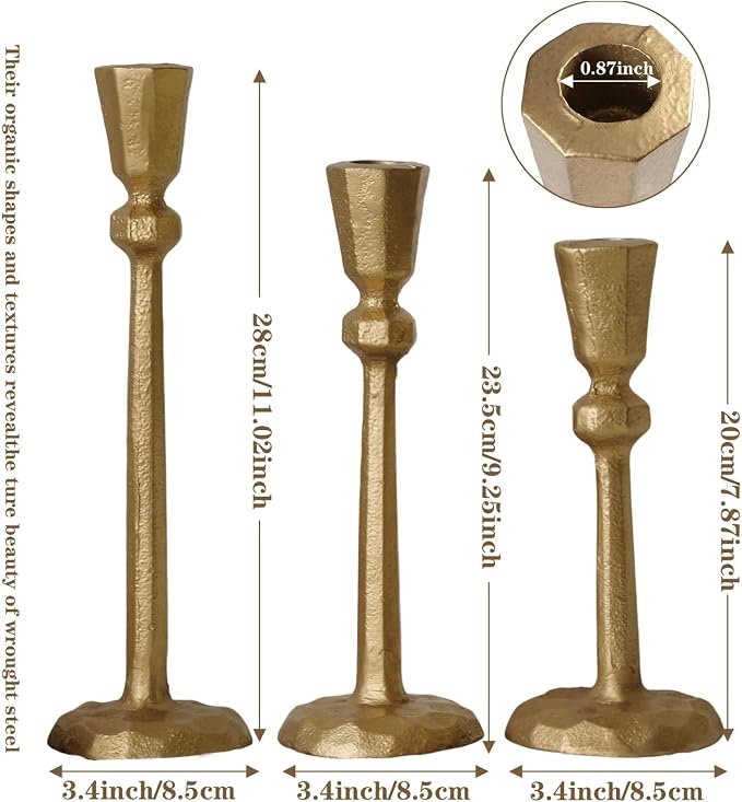 Taper Candle Holders,Candlestick Set of 3,Antique Brass Iron Gold Candle Stand Candlelight Dinner Wedding Party Kitchen Home Decoration
