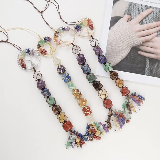 Anjiucc 7 Chakra Stone Healing Crystal Tree of Life Wall Hanging Home Interior Decoration，Window Decoration，Yoga Meditation