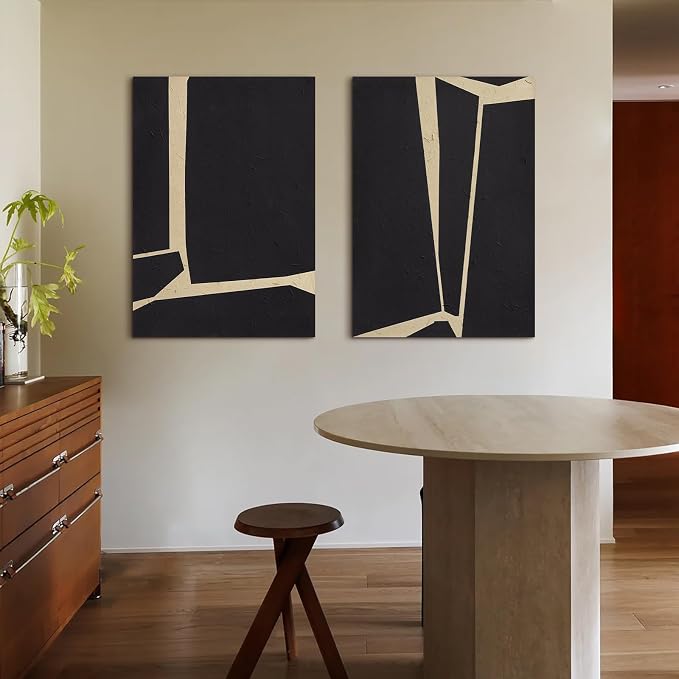 Large Modern Abstract Black Vertical Wall Art for Living Room, Set of 2 | Hand‑Painted Oil Painting with Matte Finish, Diptych Minimalist Canvas Artwork for Bedroom, Neutral Wall Decor, 28x40" Each
