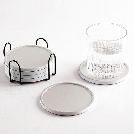 Set of 6 Warm Gray Coasters with Holder, Absorbent Ceramic Drink Coasters with Cork Backing for Table Protection, Table Decor, Housewarming Gifts