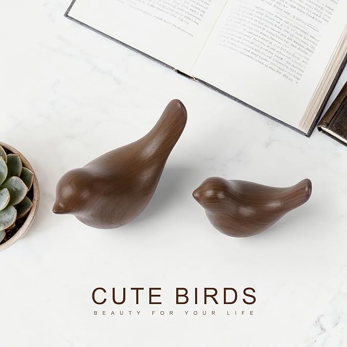 2 Pcs Ceramic Small Bird Figurines Modern Animal Statues for Home 、Room Decor and Bedroom Decor and Bookshelf Display (Dark Wood Grain)