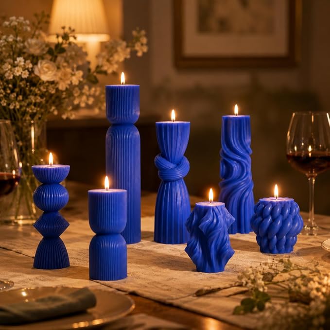 7-Pack Pillar Candles - Soy Wax Handmade Ribbed Candles for Home Decor, Housewarming Gift, Shelf & Table Decor - Aesthetic Modern Candles Set (Blue)