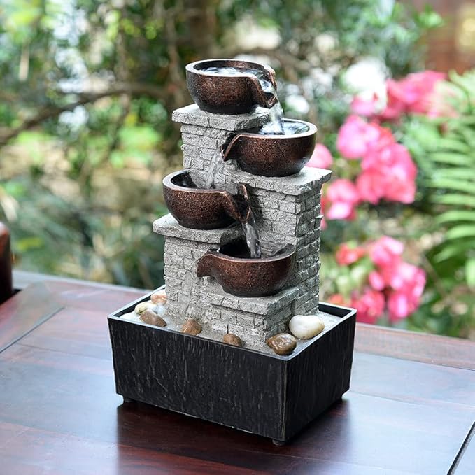 Kalona 4-Tier Indoor Waterfall Tabletop Fountain with LED Lights and Natural Rocks, Cascading Bowl Desk Fountain for Home and Office Decoration, Relaxing Water Feature (21132B)