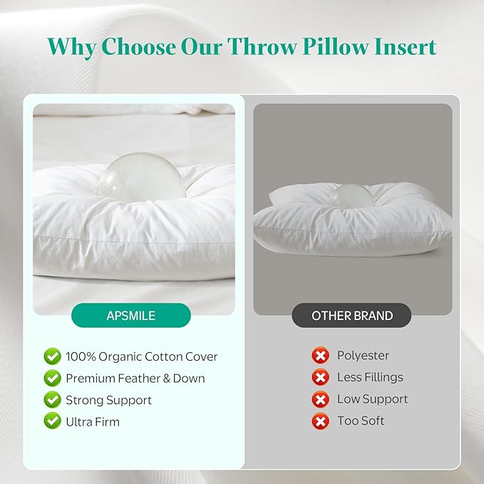 APSMILE 14x22 Pillow Insert, Lumber Down Feather Throw Pillows Set of 2 with Organic Cotton Cover, Soft Decorative Pillows for Couch Living Room,Sofa,and Bed（White）