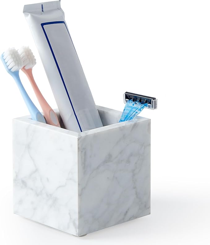 Real Luxurious Natural Marble Toothbrush Holder & Makeup Brush Organizer & Pen Holder for Desk,3.93inch Square Marble Utensil Holder Non-Ceramic/Non-Resin （White）