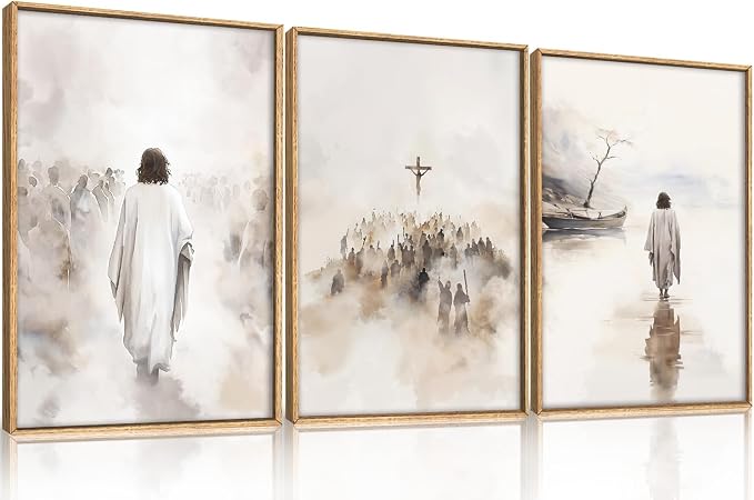 ARYROI Jesus Christ Walking On Water Framed Canvas Wall Art Set,Religious Christian Biblical Scenes Landscape Wall Decor,Watercolor Neutral Faith Scripture Cross Artwork for Living Room,Prayer Room,Church-24"x36"x3