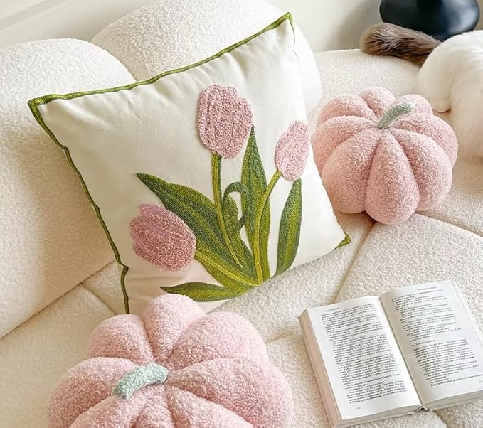Spring Pillow Covers 18X18 Pack of 2 Pink Tulip Floral Embroidered Throw Pillow Covers Flower Tufted Pillowcases Farmhouse Decor Cushion Cover Square Summer Decoration Pillow Case