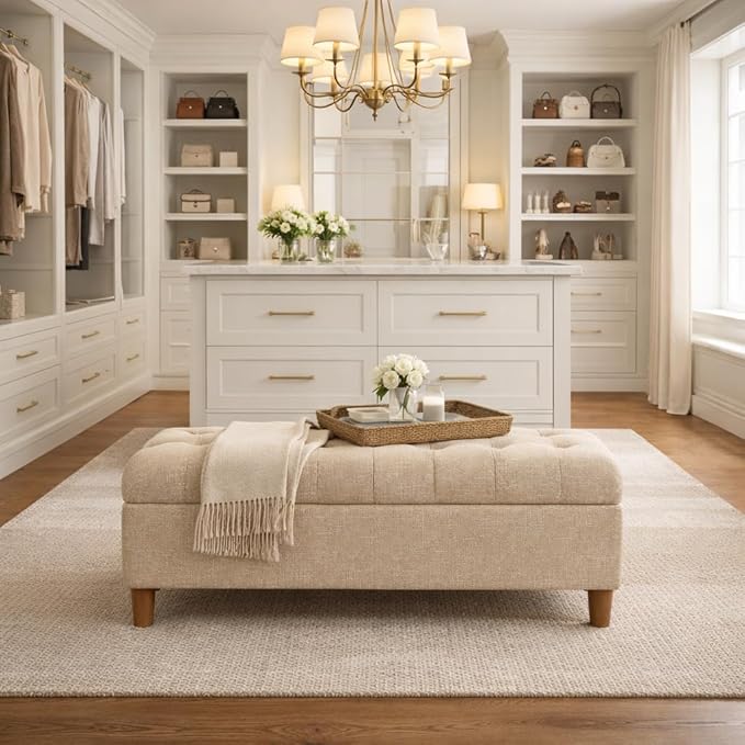 HomePop 40" Ainsley Button Tufted Storage Bench - Light Tan Textured Solid