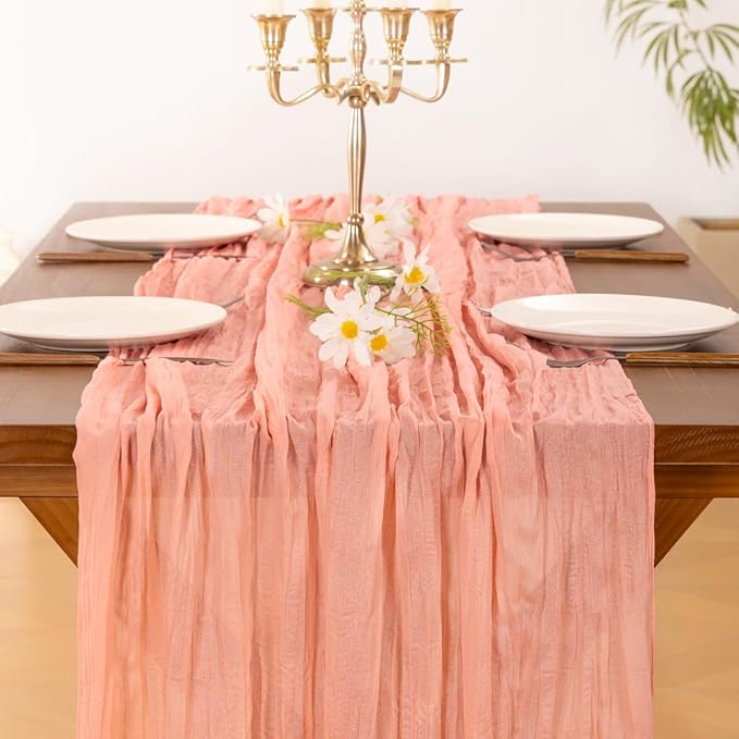 Socomi 6pcs Coral Peach Easter Spring Cheesecloth Table Runner Boho Rustic Gauze 120 inch 10FT Cheese Cloth Runner for Wedding Party Baby Shower Birthday Home Decor Holiday Decorations