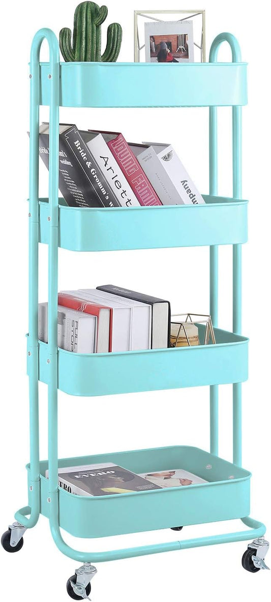 Melody House 4-Tier Metal Mesh Utility Rolling Cart Storage Organizer Shelf Rack with Lockable Wheels for Living Room Kitchen Office, Turquoise