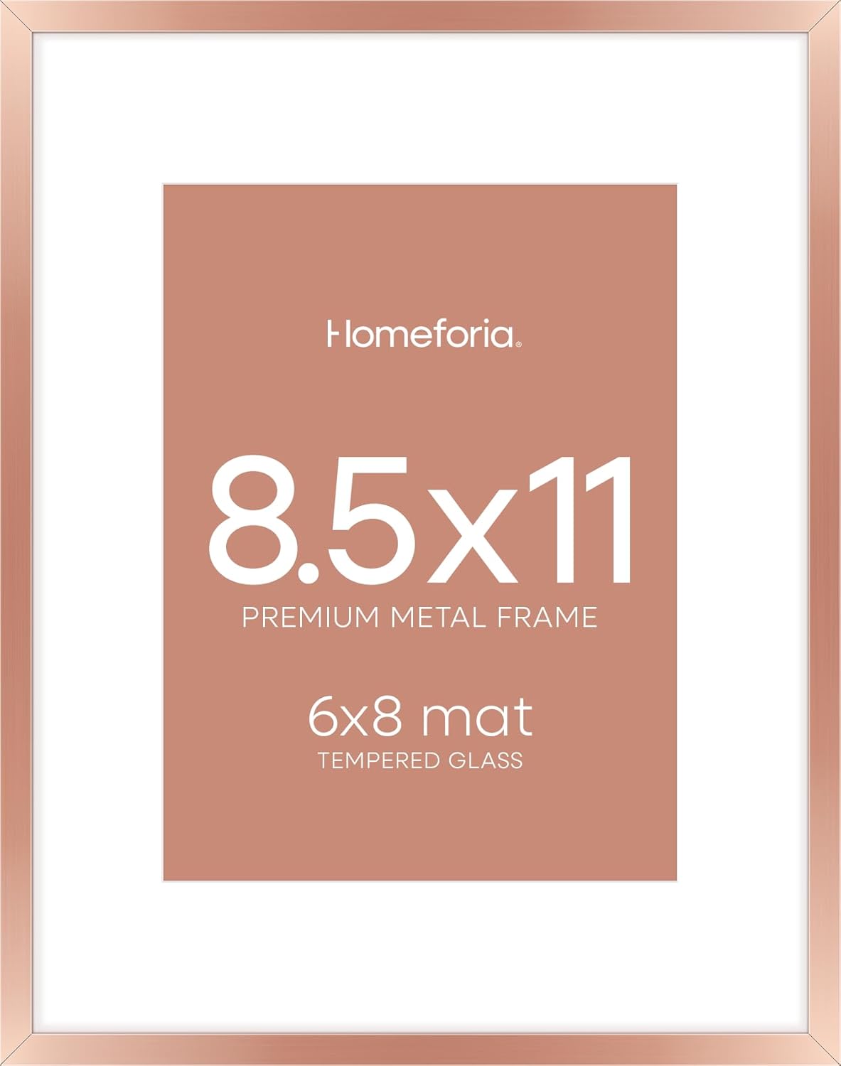 Homeforia 8.5x11 Rose Gold Frame, High End Metal 8.5 x 11 Picture Frames with Mat 6 by 8 inch Photo, 11x8.5 Poster Frame Matted to 6x8 Print, Wall or Tabletop Frame, Tempered Glass, Wall Kit, Set of 1