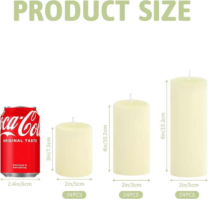 72 Pack Ivory Pillar Candles Bulk Set, 2x3 2x4 2x6 Inch - 24 Each Size, Dripless Smokeless Clean Burning for Wedding Centerpieces, Home Decor, Church, Romantic Ambiance！