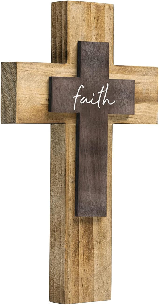 OKSQW Wall Wooden Cross Christians Crosses Spiritual Religious Cross With Hook Christmas Wall Hanging Handmade Nature Wood Color with Faith Design for Church Home Room Decor Wood Crucifix Gift