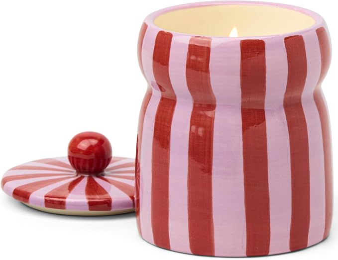 Paddywax Cabana Hand-Painted Scented Candle with Lid in Ceramic Reusable Jar, Clean-Burn Soy Candle, Pink Peppermint Scent, Approx. 42 Hour Burn Time, 6.5 oz