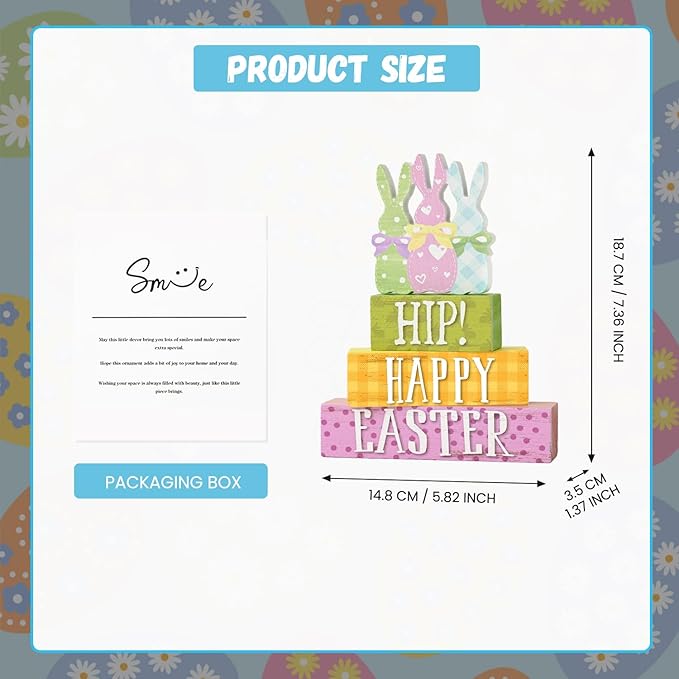 Smile Wooden Easter Decoration Sign, "Hip! Happy Easter" Wooden Block Stack with Bunny Silhouettes, Pastel Tiered Tabletop Decor for Spring & Easter