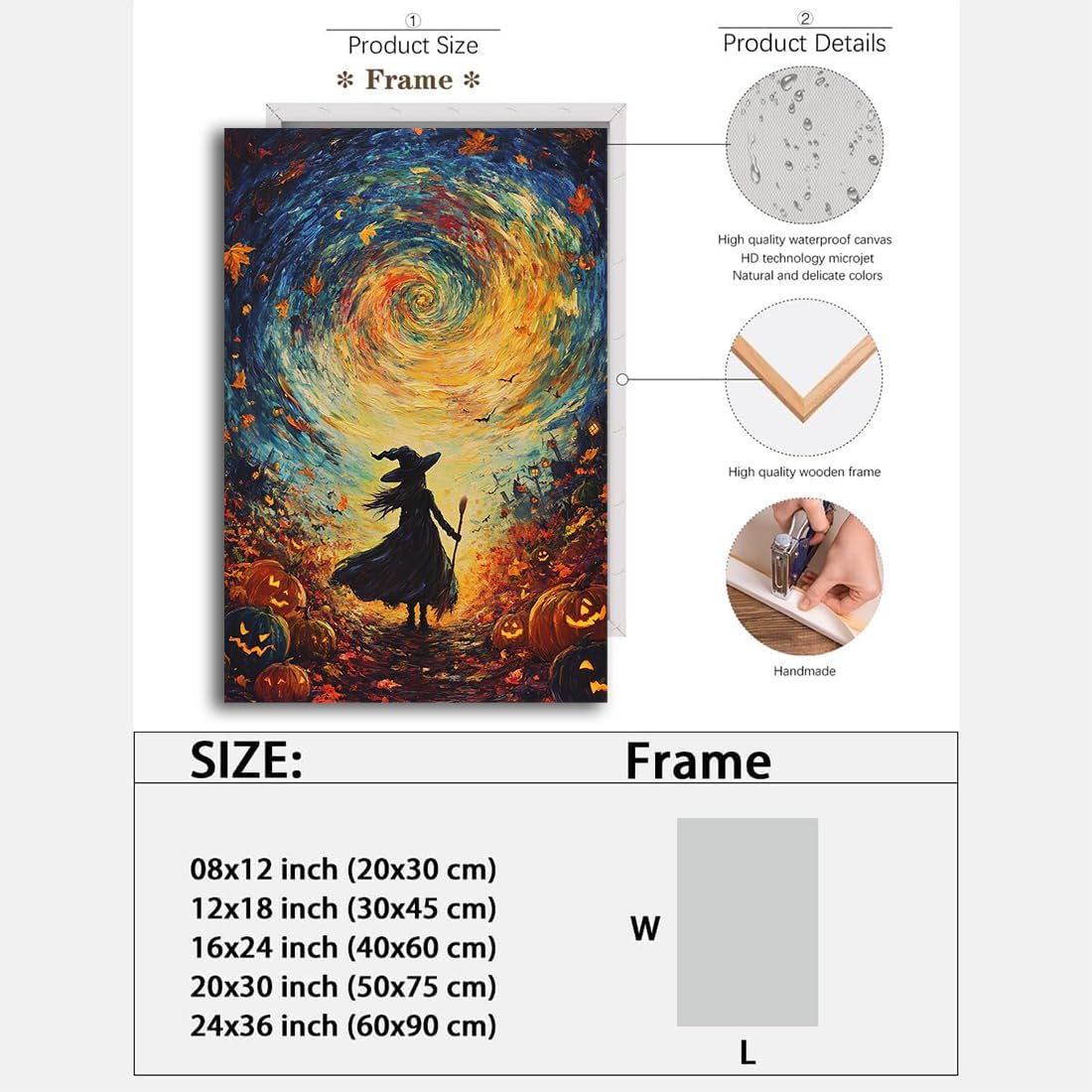 Halloween Autumn Witchy Decor Wall Art Prints,Gothic Witch in Whirlwind Autumn with Pumpkins Scene Pictures Poster,Fall Festival Home Decor Painting Canvas Poster for Bedroom Bathroom,12"x18" Framed