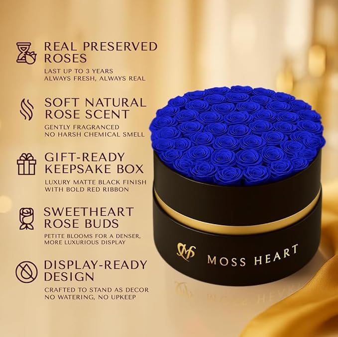 50 Petite Preserved Roses, Designer Round Box, Real Forever Roses Last 1+ Year, Premium Gift for Women, Wife, Girlfriend, Mother’s Day, Birthday, Anniversary, Valentine’s Day