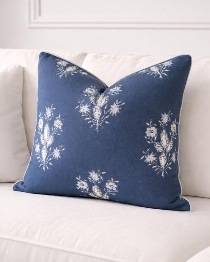 Jillien Harbor “The Norfolk” Dark Blue & White Floral Block Print Pillow Cover – Dark Blue Decorative Throw Pillow Cover – Grandmillennial Home Decor, 20" x 20"