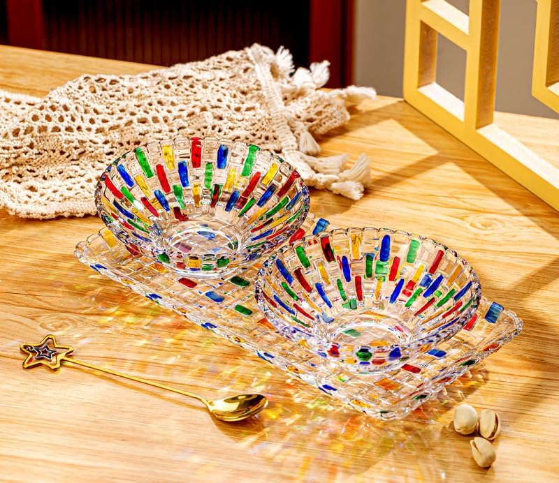Colorful Woven Glass Decorative Crystal Bowls Sets, Hand Painted Glass Bowls and Tray Sets for Home Decor, Centerpiece for Snack, Dessert