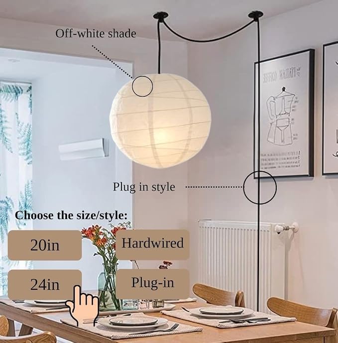 Nogy Japanese Style Lantern Pendant Light - Off White Round Handmade Rice Paper Lamp Shade with Cord Kit (Plug in (15ft), 29.5 in)