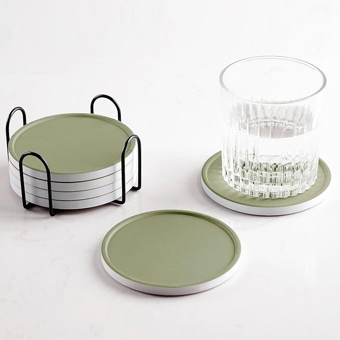 Set of 6 Olive Green Coasters with Holder, Absorbent Ceramic Drink Coasters with Cork Backing for Table Protection, Table Decor, Housewarming Gifts