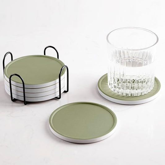 Set of 6 Olive Green Coasters with Holder, Absorbent Ceramic Drink Coasters with Cork Backing for Table Protection, Table Decor, Housewarming Gifts