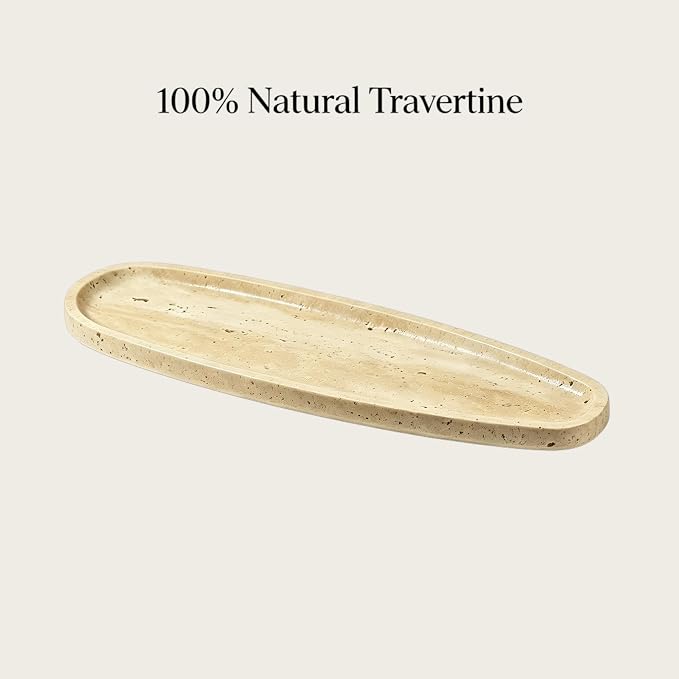 Natural Travertine Vanity Tray, 16.6"x4.6" Real Marble Decorative Tray for Bathroom Countertop & Home Decor, Catchall Organizer for Jewelry, Candles, Cosmetics & Perfume（Travertine）