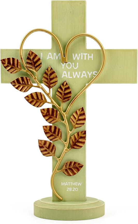 Wooden Wall Cross with Iron Heart Leaf Decorated with Hook and Base Hanging Wall Or Table Cross with Matthew 28:20 For Church Home Room Decoration (Green)