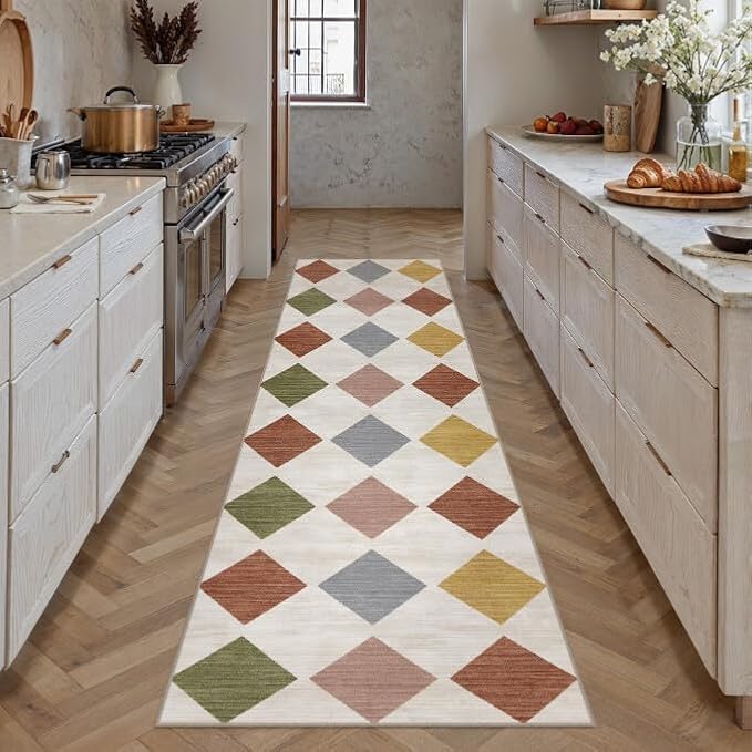 PureCozy Checkered 2x8 Runner Rug for Hallways Colorful Washable Long Carpet Non-Slip Low Pile Modern Soft Indoor Accent Throw Rugs for Entrance Kitchen Bedroom Dining Laundry