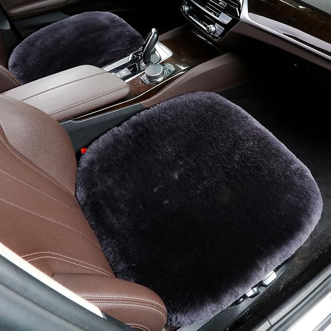 OGLAND 2 Pack Fuzzy Genuine Sheepskin Car Seat Covers for Auto Fluffy Wool Interior Accessories with Soft Natural Fur Non-Slip (20inchs 2Pieces, Carbon Black)