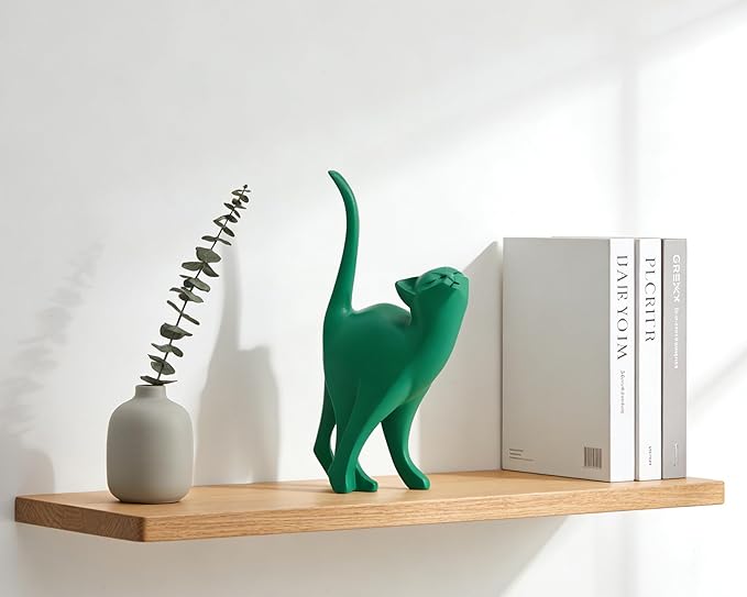 Green Cat Statue Modern Abstract, Home Office Shelf Decor, 7-Inch Vibrant Assorted Colors, Easy to Match Any Decor Style