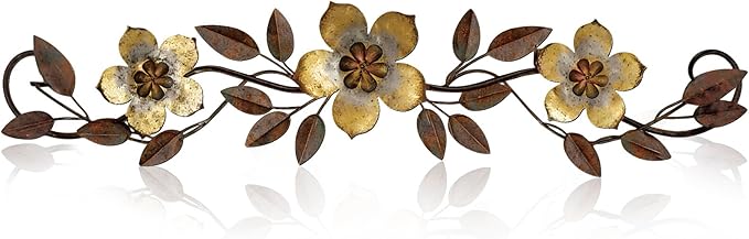 Wesiti Metal Flower Wall Decor Vintage Spring Metal Flower Wrought Iron Scroll Sculpture 15.7''x3.7'' Farmhouse Leaf Wall Decor with Nails for Spring Living Room Bedroom Indoor Outdoor(Gold)