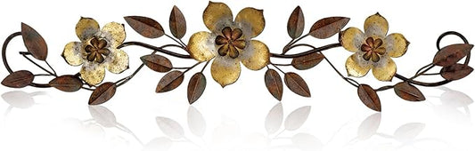 Wesiti Metal Flower Wall Decor Vintage Spring Metal Flower Wrought Iron Scroll Sculpture 15.7''x3.7'' Farmhouse Leaf Wall Decor with Nails for Spring Living Room Bedroom Indoor Outdoor(Gold)