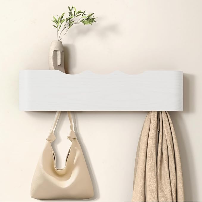 Wall Mounted Coat Rack with Shelf, Wooden Entryway Organizer with Hidden Metal Hooks for Hanging Coats Bags Keys, Modern Floating Shelf for Hallway Bathroom